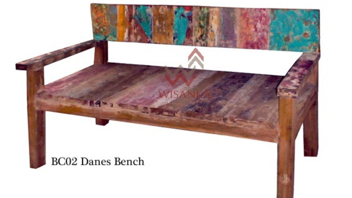 indoor wooden bench with back and arms